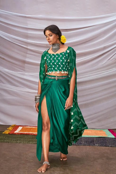 Zig-Zag Bandhani Cape Set With Dhoti Pants